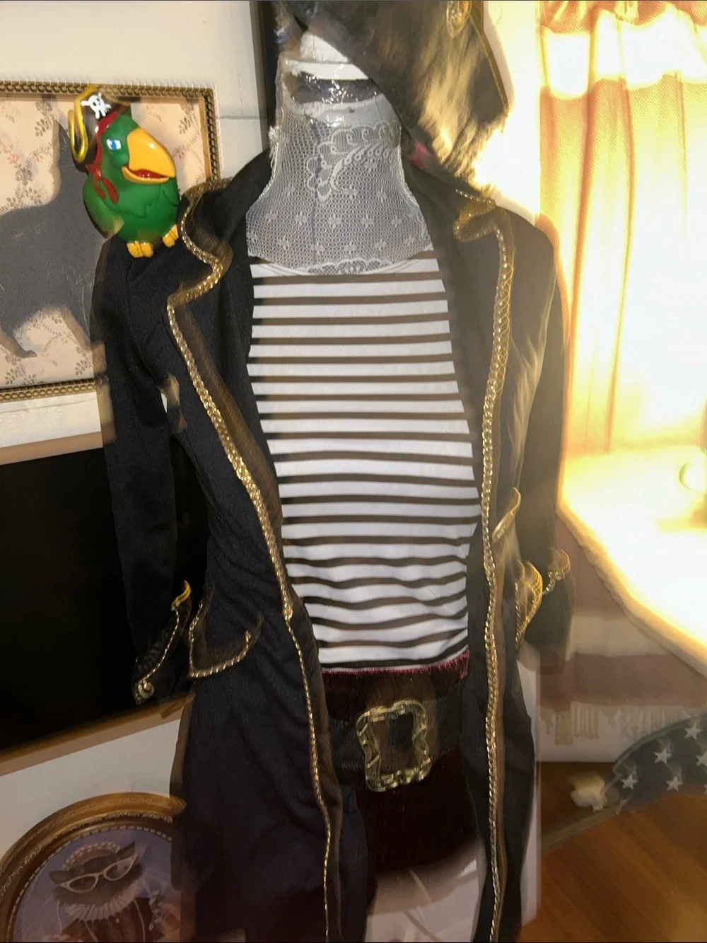 Kids Black Pirate Costume Coat with Gold Trim and Striped Shirt